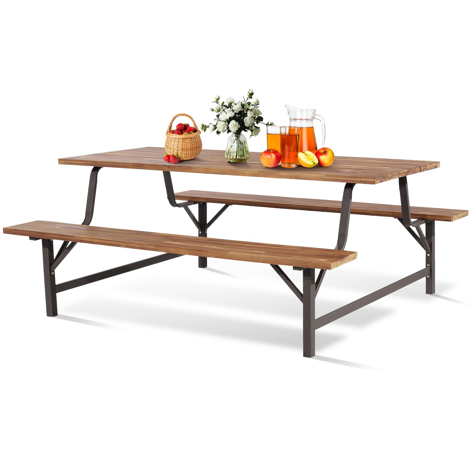 Tangkula Wood Picnic Table, Outdoor Acacia Wood Picnic Table Bench Set with 2 Built-in Benches
